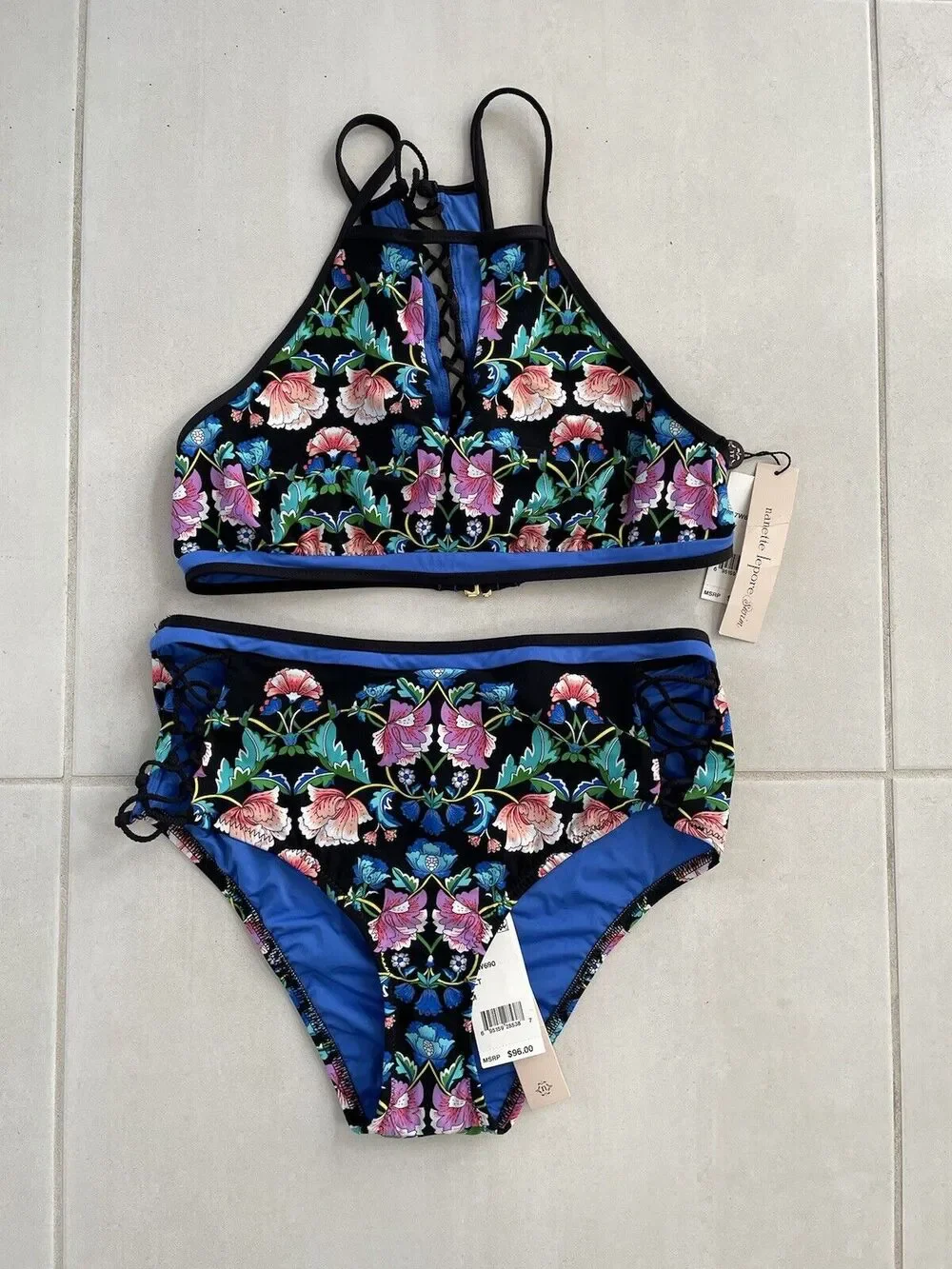 Nanette Lepore Swimsuit Bikini Floral Vixen Swimwear Beach Boho Romantic Goth